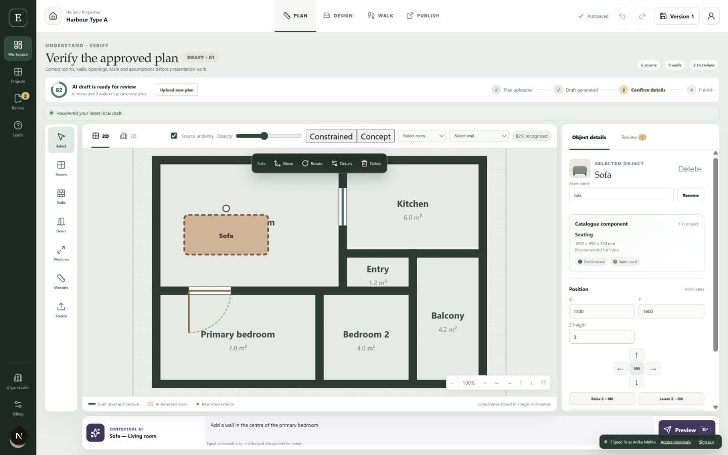 Estate Studio Plan workspace showing a measured apartment and contextual editing controls
